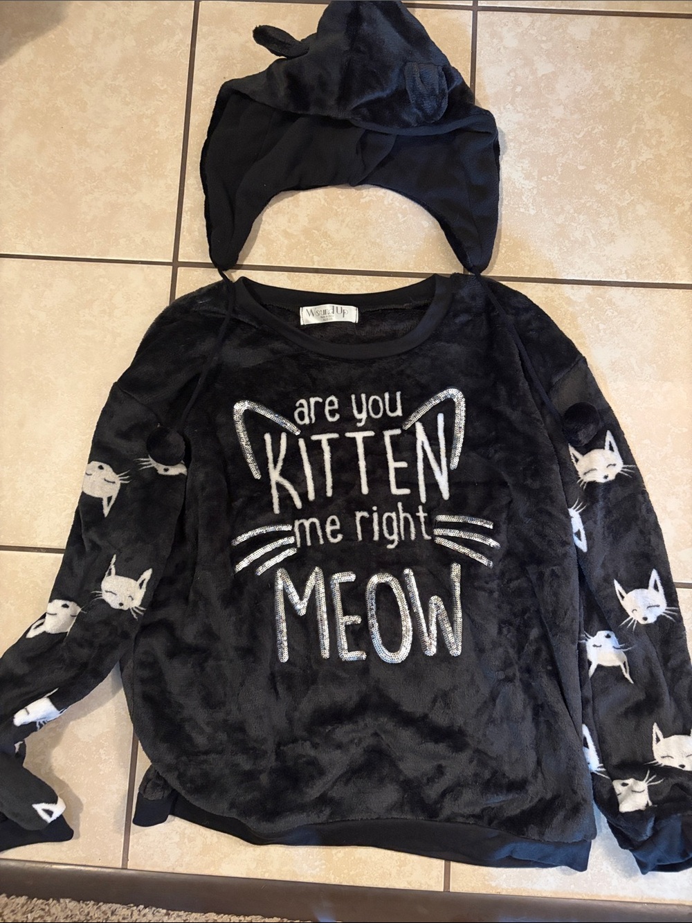 Wound Up Black Plush Hoodie with Cat Graphic and Hood